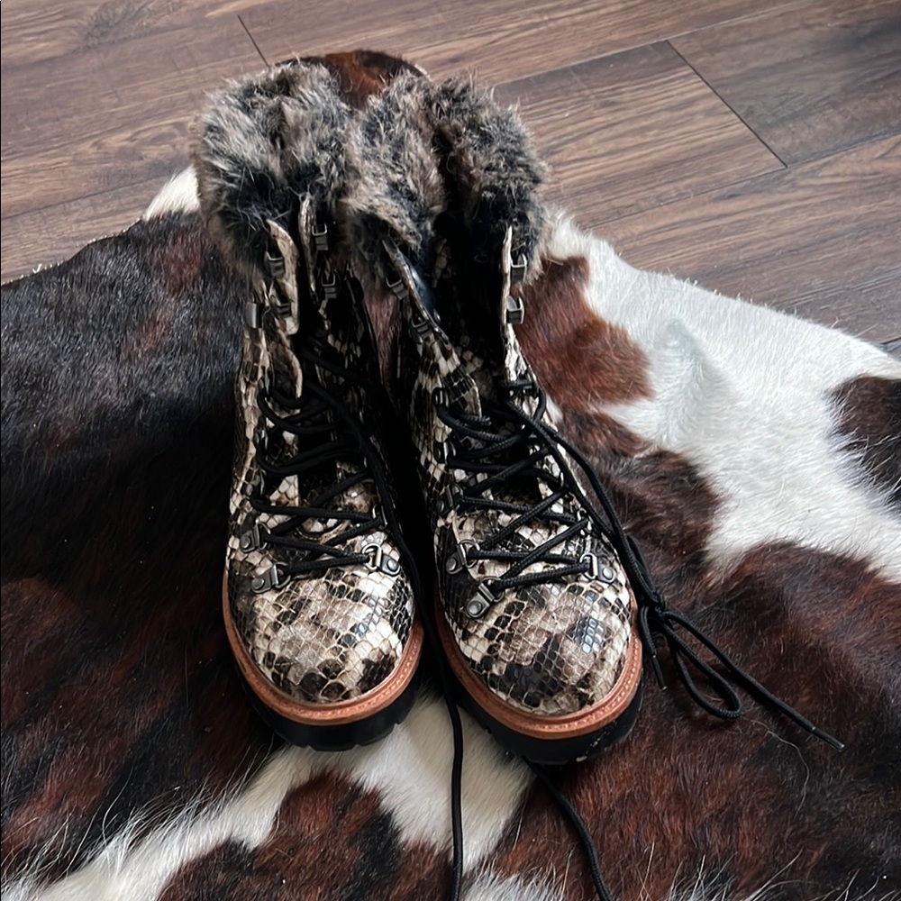Snakeskin Faux Fur Lace-Up Boots